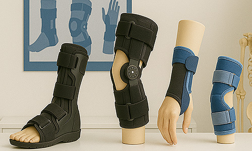 Verschiedene Orthesen für Beine und Arme zur Stabilisierung und Unterstützung von Gelenken