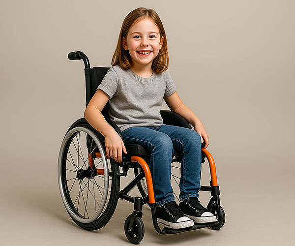 Kind sitzt lächelnd in einem kindgerechten Rollstuhl vor neutralem Hintergrund
