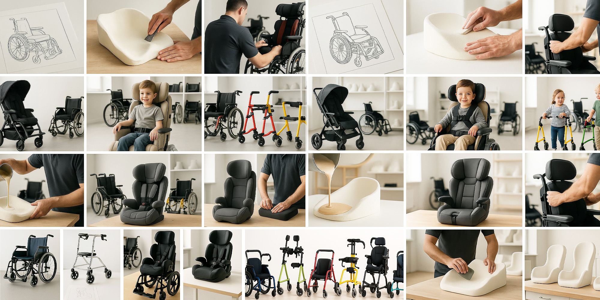 Collage mit Herstellung, Anpassung und Nutzung orthopädischer Hilfsmittel wie Sitzschalen, Rollstühle, Gehhilfen und Formpolster in der Orthopädietechnik