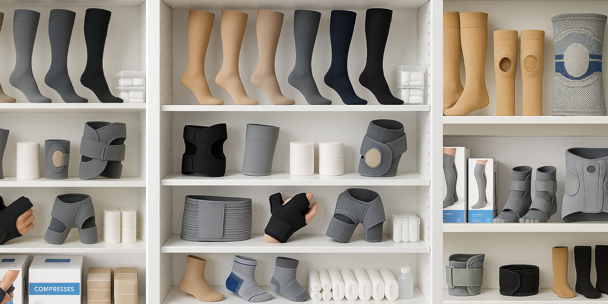 Regalsystem mit verschiedenen medizinischen Kompressionsstrümpfen, Bandagen, Orthesen und Zubehör in einer Orthopädietechnik-Versorgungseinrichtung