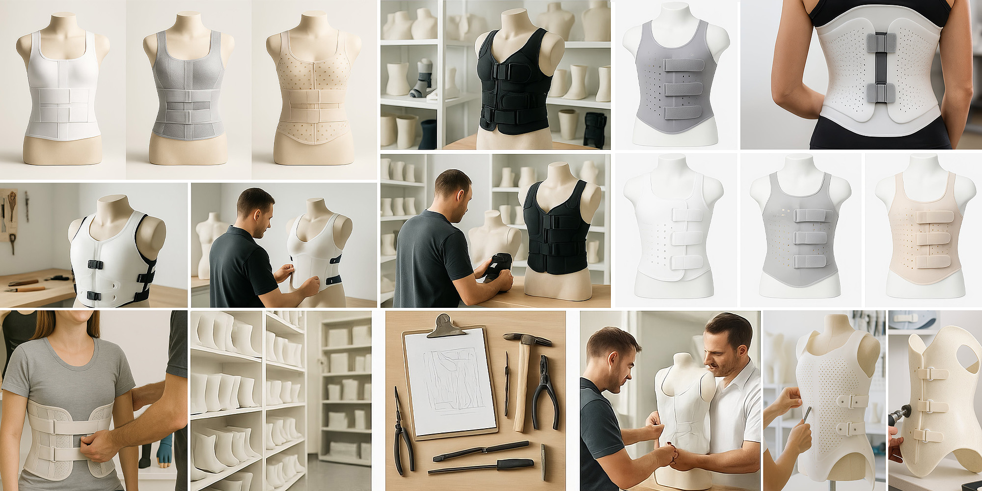 Collage zur Orthopädietechnik: Gezeigt werden verschiedene medizinische Korsetts an Torsos, Techniker bei der handwerklichen Bearbeitung von Gipsabdrücken und die individuelle Anpassung am Patienten.