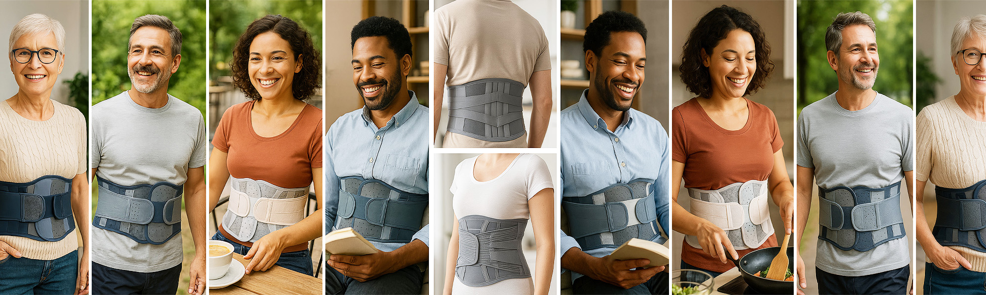 Menschen unterschiedlichen Alters tragen medizinische Rückenstützgürtel zur Stabilisierung des Rumpfes im Alltag
