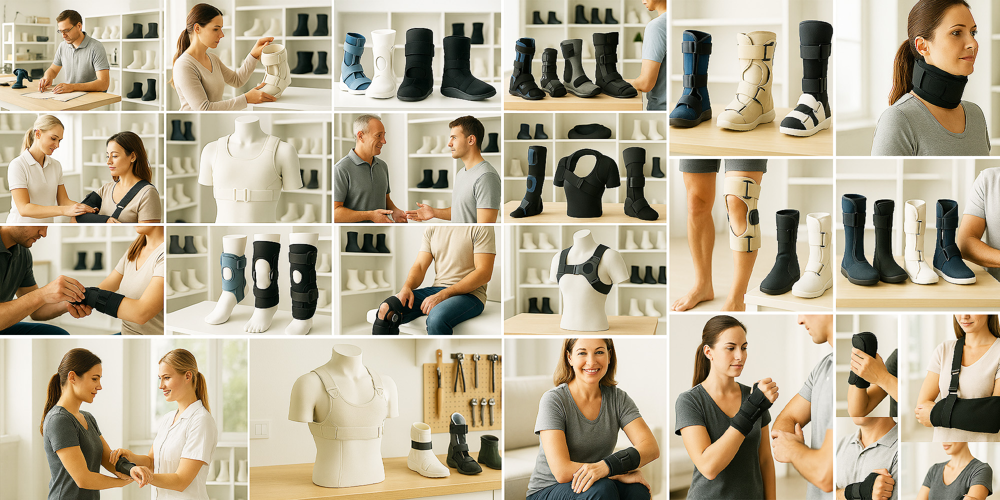 Collage mit Beratung, Anpassung und Präsentation orthopädischer Orthesen wie Bein-, Knie-, Arm- und Rumpforthesen in einer orthopädietechnischen Werkstatt