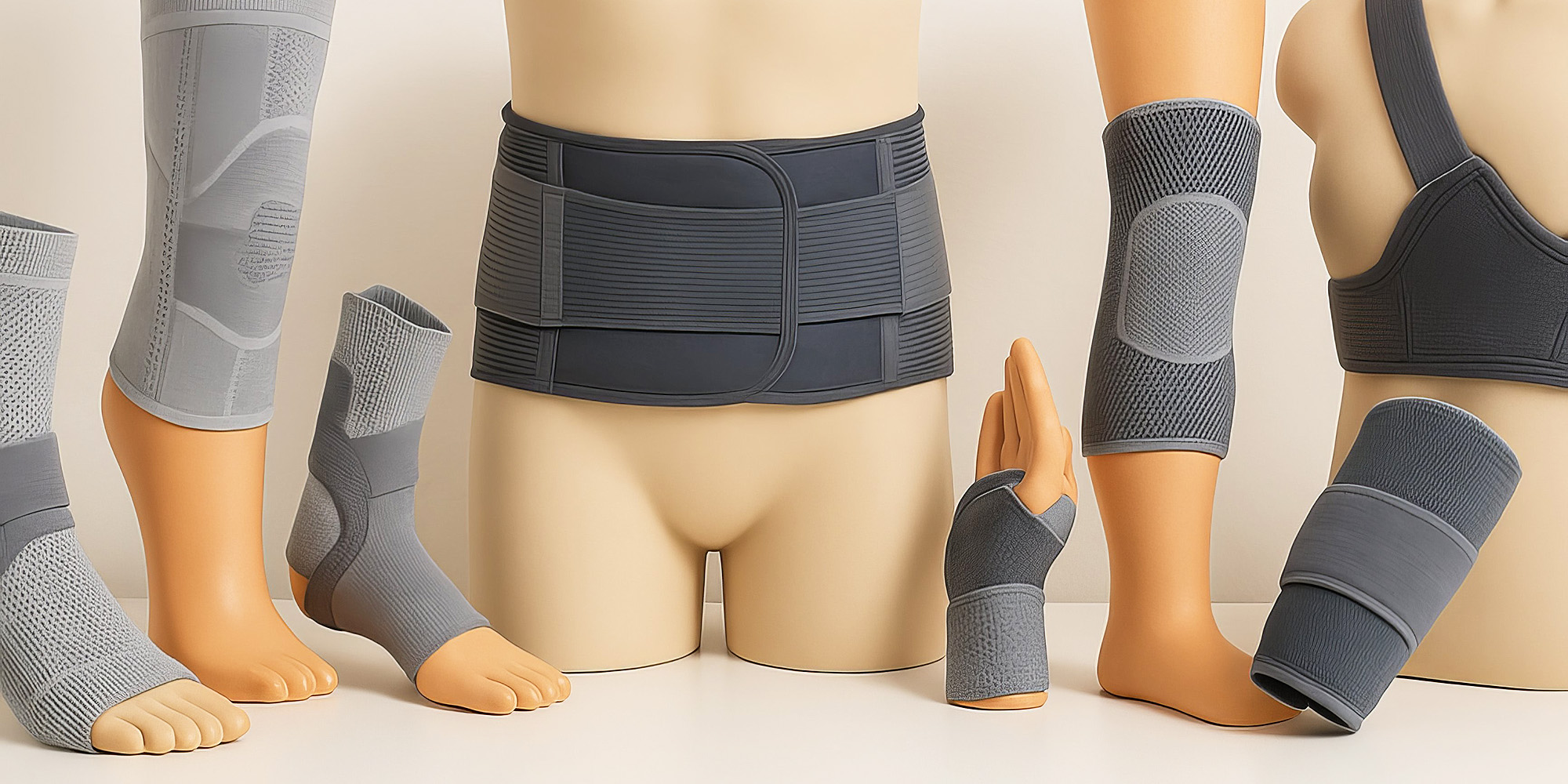 Auswahl an orthopädischen Bandagen an Unterkörper- und Armmodellen, darunter Fußgelenkbandagen, Kniebandagen, Handgelenkbandagen und eine Rückenbandage