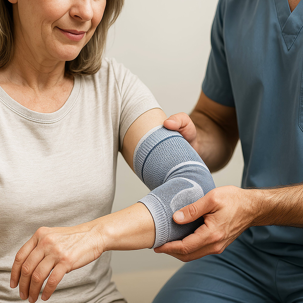 Person mit angelegter Kniebandage im Sitzen sowie Rückenbandage und Handgelenkbandage in Alltagssituationen