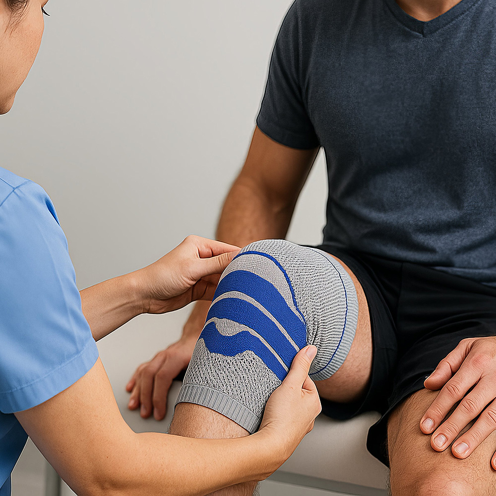 Medizinisches Fachpersonal passt einer sitzenden Person eine Kniebandage an