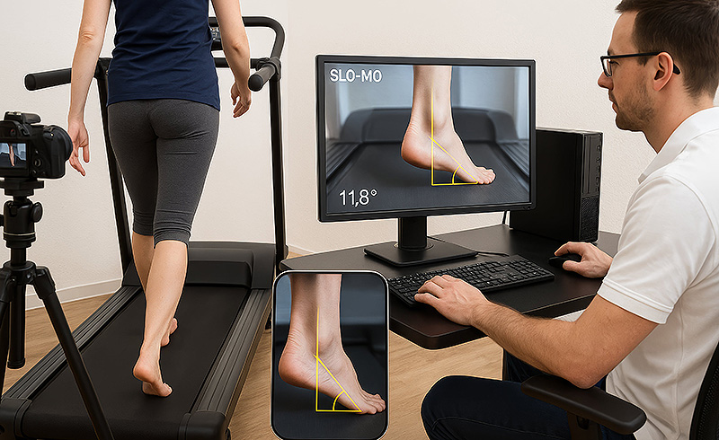 Ganganalyse auf einem Laufband, eine Fachperson wertet Fußstellung und Bewegungswinkel am Bildschirm aus