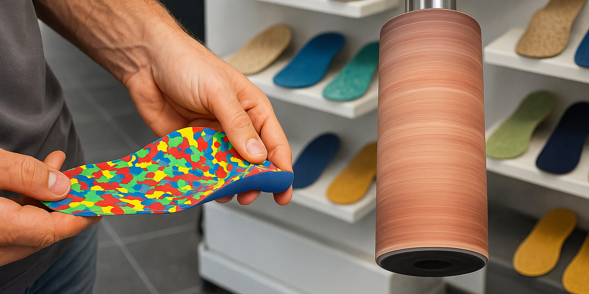 Nahaufnahme verschiedener orthopädischer Schuheinlagen, nebeneinander auf einer Oberfläche ausgelegt