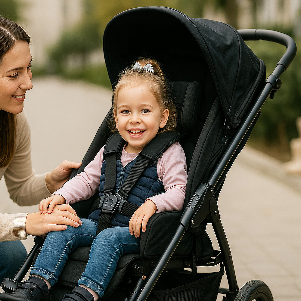 Kleines Kind sitzt angeschnallt in einem speziellen Kinderwagen, eine erwachsene Person hält die Hand des Kindes im Freien