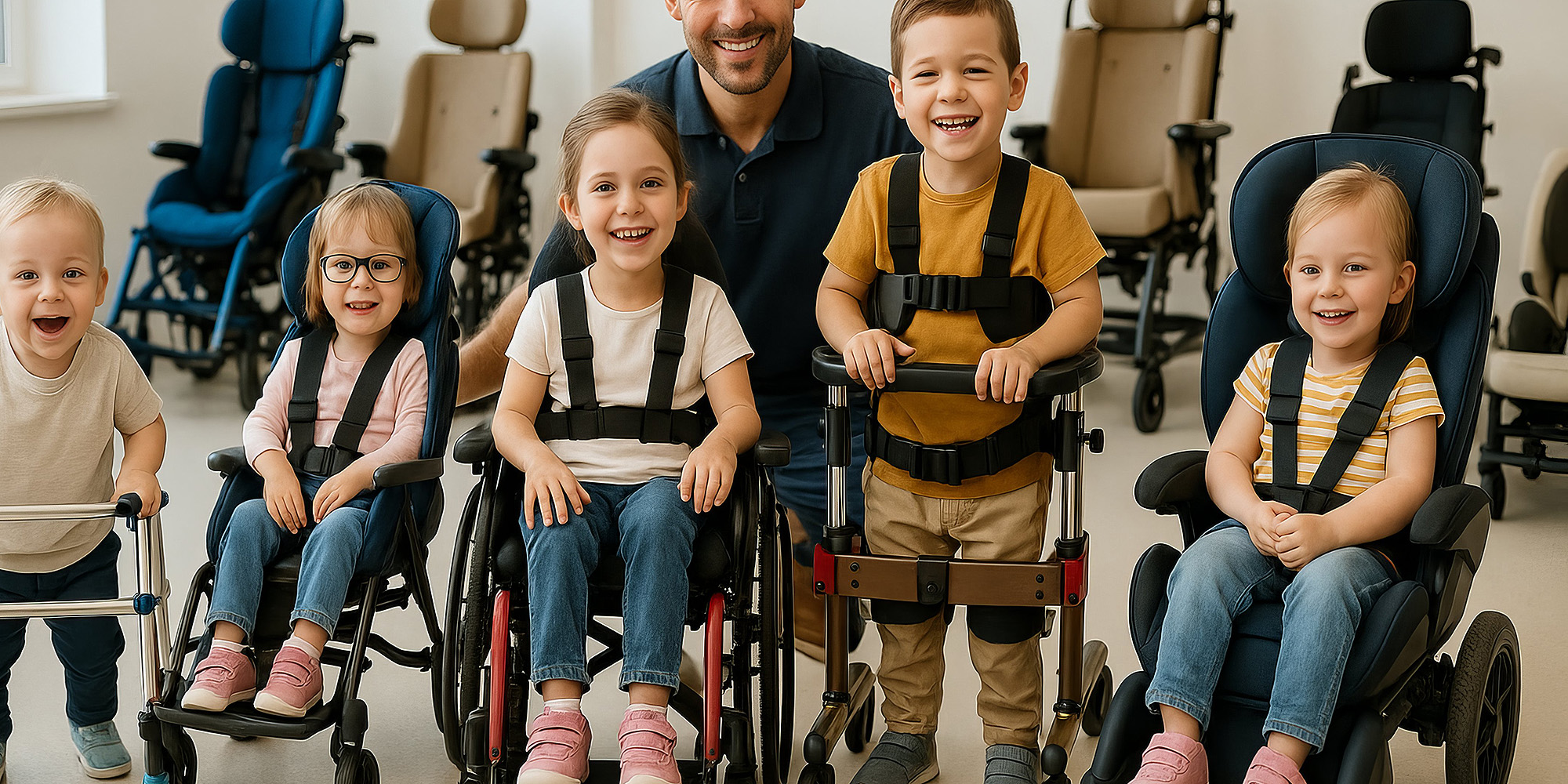 Kinder in Rollstühlen und Stehhilfen lachen gemeinsam in einem Ausstellungsraum für Reha-Hilfsmittel
