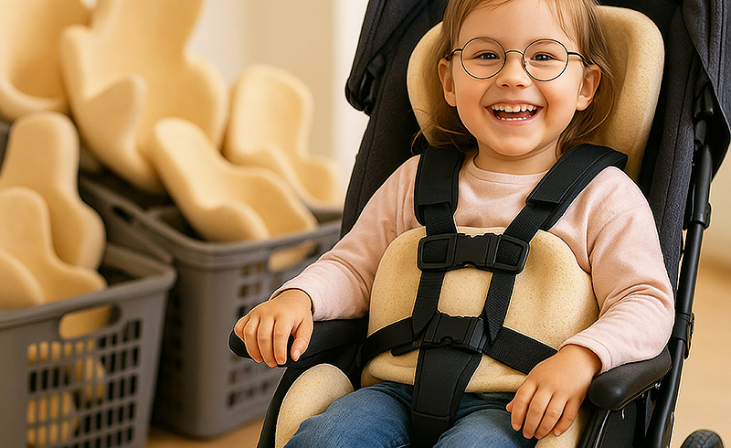 Lachendes Kleinkind sitzt angeschnallt in einem Reha-Sitz mit Kopfstütze in einem Innenraum