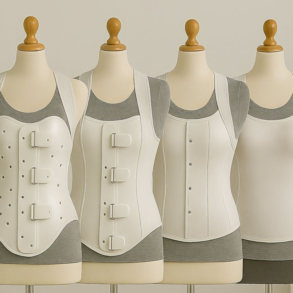 Reihe von orthopädischen Korsetts auf Schneiderpuppen zeigt verschiedene Bauarten und Verschlusssysteme