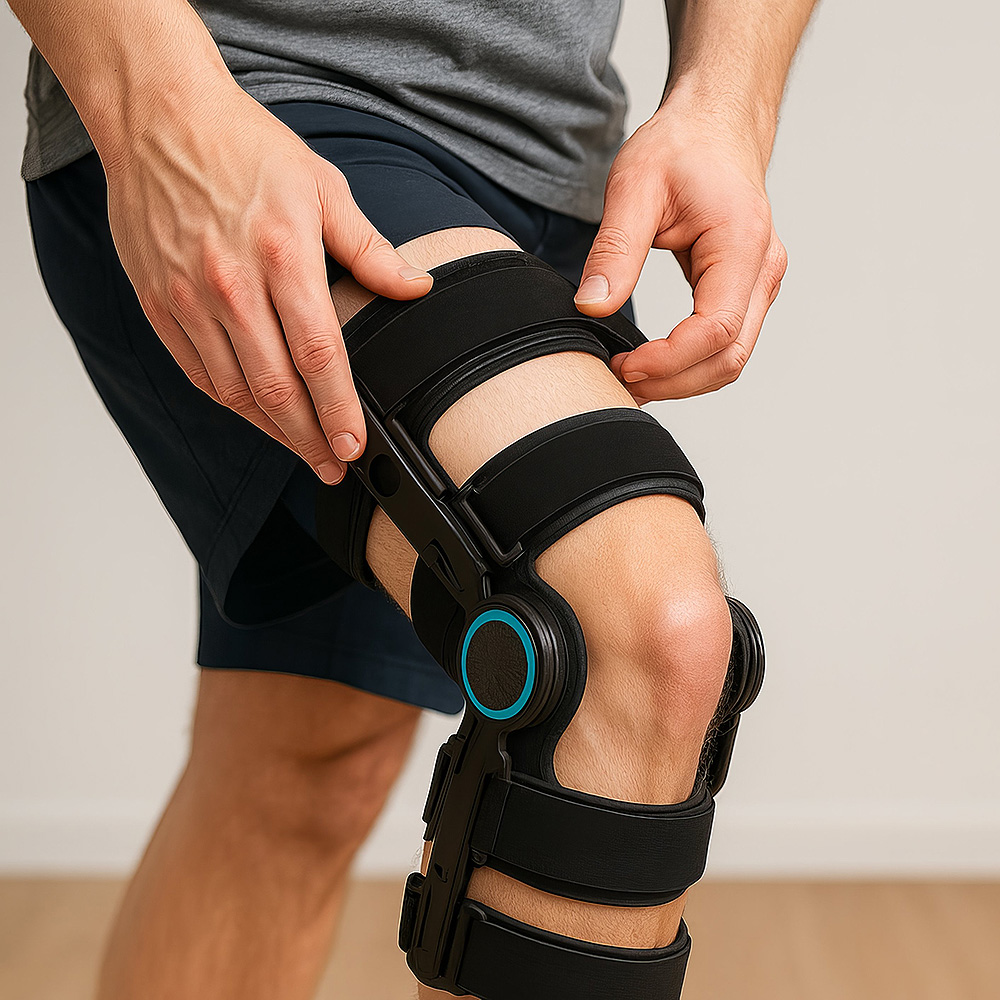 Nahaufnahme einer Knieorthese, die von einer Person am Bein angelegt und fixiert wird