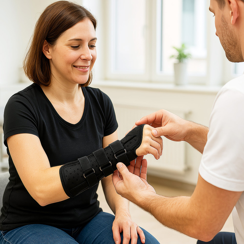 Orthopädische Fachkraft legt einer sitzenden Frau eine Unterarmorthese an und überprüft den Sitz