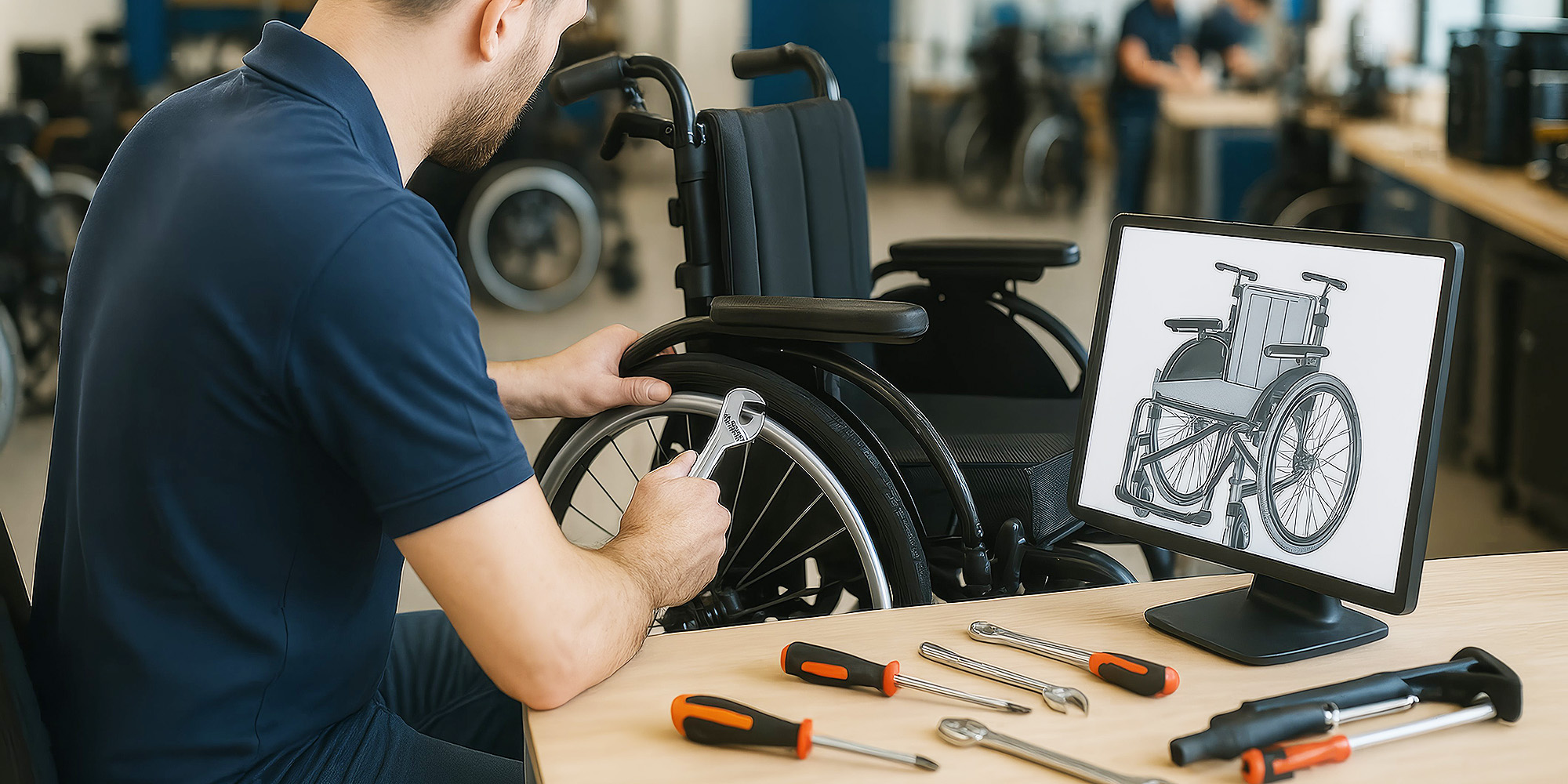 Orthopädietechniker repariert einen Rollstuhl in der Werkstatt, mit Werkzeug auf der Werkbank und technischer Zeichnung auf einem Monitor.