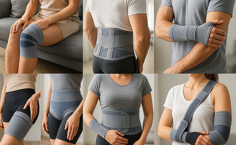 Anwendungsbeispiele moderner Bandagen am Körper, darunter Knie-, Rücken-, Arm- und Schulterbandagen im Alltagseinsatz.