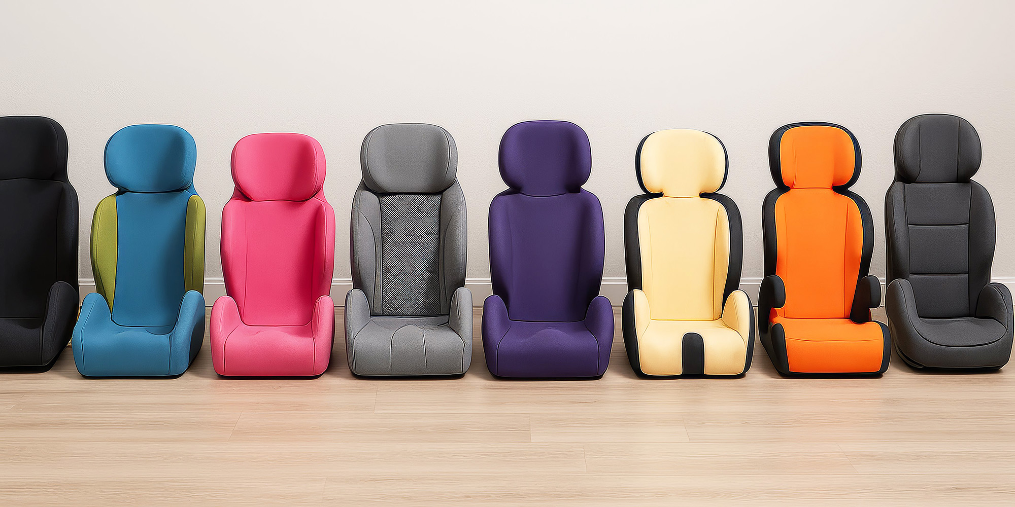 Mehrere Kindersitze in unterschiedlichen Farben in einer Reihe auf Holzboden vor einer hellen Wand.